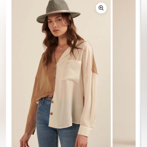 Promesa Asymmetrical Cream and Brown Button Down Blouse - Picture 2 of 11